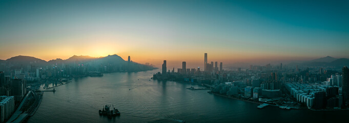 Fototapete - Aerial panorama landscapes of Hong Kong city in sunset