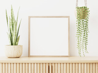 Fototapete - Square empty frame mockup in interior with slat sideboard and hanging  green plant in pot on empty wall background. 3D rendering, illustration