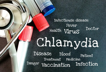 Sticker - Word Chlamydia. STD, STDs. Medical concept. medical equipment.