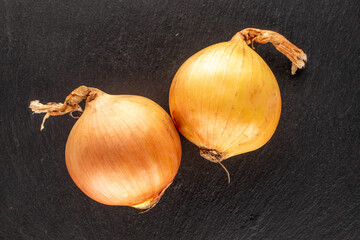 Two bright golden onions on a slate stone, close-up, top view.