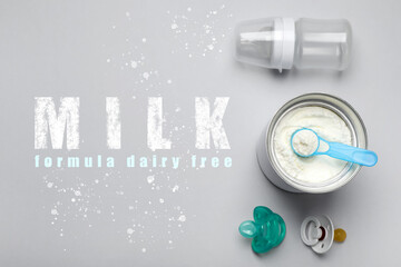 Wall Mural - Flat lay composition with powdered dairy free infant formula on light background. Baby milk