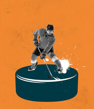 Creative Design. Contemporary Art Collage. Man, Professional Hockey Player Standing On Big Puck With Stick Isolated Over Orange Background