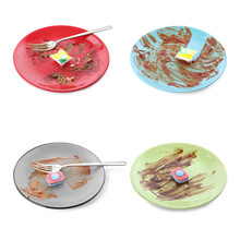 Dirty plates with dishwasher detergent tablets and gel capsules on white background, collage