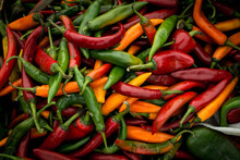 Pile Of Colorful Red Orange Green Chilli Peppers
