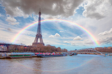 Wall Mural - Paris Eiffel Tower and river Seine in Paris, France. Eiffel Tower is one of the most iconic landmarks of Paris