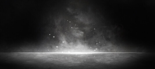 Wall Mural - Fantastic Dark Scene Archaic Neon Glow with Dark Gray Colors Spotlight Smoke Background Product Display Concept For Product Display