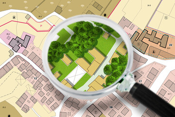 Searching new home - concept with an imaginary General Urban Plan with buildings, roads and magnifying glass - NOTE: the map is totally invented and does not represent any real place