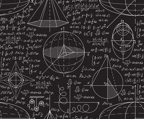 Wall Mural - Scientific handwritten vector seamless pattern with math formulas and figures. The chalk writings on school blackboard 