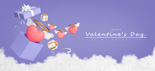 heart with wings. Halo floating out of gift box for Valentine's Day. purple background