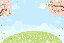 Spring Landscape Green Field With Cherry Blossom Frame,Vector Cartoon Summer Scene With Bird On White Sakura Branches And Daisy Field.Cute Banner For Hello Spring Or Easter Background
