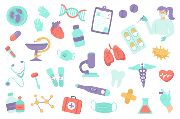 Naklejka na meble Medical clinic isolated objects set. Collection of vaccination, medications, treatment, heart, lungs, laboratory glassware, medicine symbols. Illustration of design elements in flat cartoon