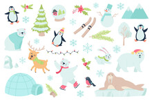 Winter Time And Animal Isolated Objects Set. Collection Of Penguin, Reindeer Polar, Bear, Snowflake, Snowman, Mountains, Garland, Bird, Rabbit. Illustration Of Design Elements In Flat Cartoon