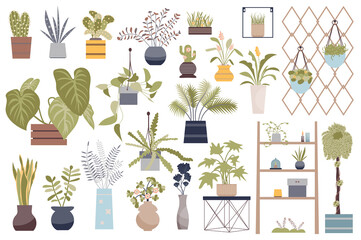 Leinwandbilder - House plants isolated elements set. Bundle of domestic potted houseplant and blooming flowers, shelves with pots, hanging plants and other. Creator kit for illustration in flat cartoon design