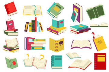Aufkleber - Reading book set in flat cartoon design. Stacks of books at bookstore or library. Student or reader bookshelf pack. Literature of different genres collection isolated elements. Illustration