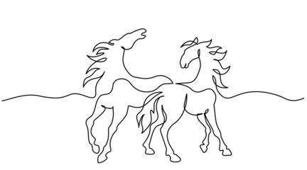Wall Mural - standing horses on pasture. continuous one line drawing. horse logo.