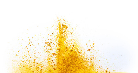 Wall Mural - Explosion of yellow, golden color, fluid and neoned powder on white studio background with copy space