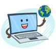 Cartoon Laptop Character holding a planet on his index finger