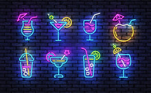 Cocktails Neon Icons Set. Cocktails Collection Neon Signs. Bright Sign Boards, Light Banner. Modern Trend Design, Night Light Signboard, Emblems, Design Template. Vector Illustration