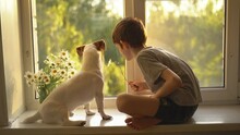 Little Boy And His Dog On The Window. Friendship, Care, Happiness  Concept.