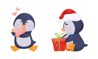 Canvas Print - Cute Penguin Arctic Animal Holding Heart and Unwrapping Gift Box Vector Set