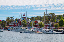 Marina In Sandham, Sweden, Sailing Boats, Motor Boats And Buildings