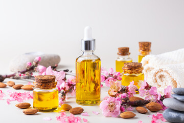 Wall Mural - Almond essential oil in a bottles with spring blossom branches