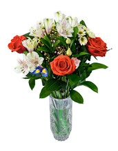 A Delicate Bouquet Of Roses And Irises In A Crystal Vase. Isolate On A White Background