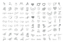Love And Valentines Lettering Set. Heart Continuous Line Drawing, Small Tattoo, Print For Clothes And Logo Design, One Single Line On A White Background, Isolated Vector Illustration.