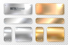 Realistic Shiny Metal Banners Set. Brushed Steel And Copper Plate. Polished Silver Metal Surface. Vector Illustration.
