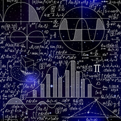 Wall Mural - Mathematical vector endless seamless pattern with formulas, figures and calculations handwritten on the background of stars. Scientific space endless texture