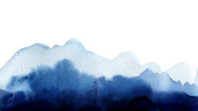 Landscape Watercolor. Indigo Watercolor Silhouette Of The Mountains. Blue Shades.  Artwork Painting For Poster, Card, Banner, Text, Invitations, Web.