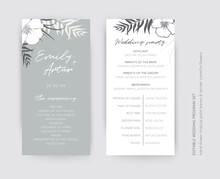 Gray And Snow-white Elegant Vector Wedding Ceremony And Party Program Card Set. Editable Tropical Palm Leaves, Foliage Decorative Border, Frame. Modern, Minimalist Design. Cute, Botanical Illustration