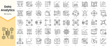 Simple Outline Set Of Data Analytics Icons. Thin Line Collection Contains Such Icons As Algorithms, Anti Virus, Api Interface, Automation, Average And More