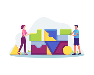 Wall Mural - Group of people working together as team. People organize abstract geometric shapes, People put the puzzle. Vector illustration in a flat style