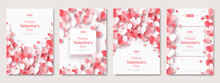 Valentine's Day Concept Posters Set. Vector Illustration. 3d Red And Pink Paper Hearts With Frame Borders. Cute Love Sale Banners, Vouchers Or Greeting Cards