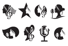 Icons With Singing Woman, Treble Clef And Microphone Isolated On White Background