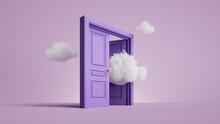 3d Render, White Clouds Flying Through The Opened Violet Double Doors. Architectural Or Interior Element Isolated On Lilac Background. Abstract Metaphor