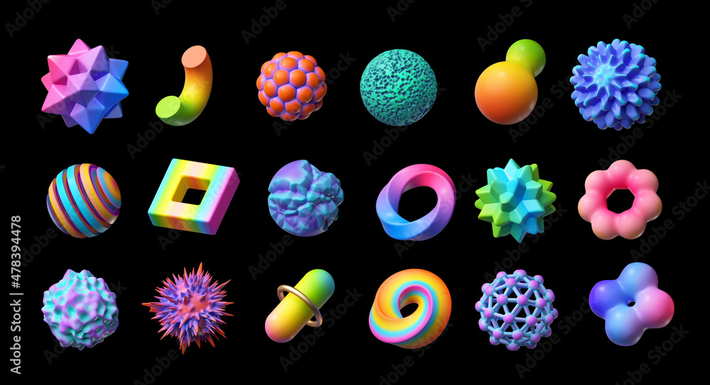 3d render. Set of abstract objects, geometric shapes, assorted signs and symbols, clip art isolated on black background.