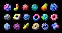 3d Render. Set Of Abstract Objects, Geometric Shapes, Assorted Signs And Symbols, Clip Art Isolated On Black Background.