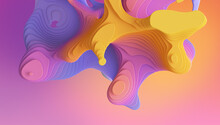 3d Render, Abstract Colorful Pastel Neon Background With Volumetric Curvy Shapes And Wavy Lines. Violet Pink Yellow Wallpaper With Marbling Effect
