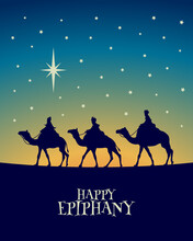 Tarjeta De Felicitación De Reyes Magos. Tres Reyes Viajando A Belén. Happy Epiphany