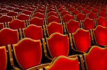 Rows Of Empty Red Old School Chairs In Odessa Philharmonic Theater Music Hall Photo Background