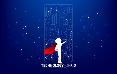 Poster - Silhouette of kid in superhero suit with 6G dot connect line circuit board style mobile phone icon. Concept for children data transfer of mobile data network.