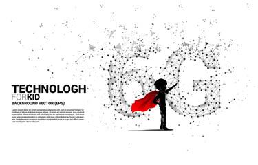 Poster - Silhouette of kid in superhero suit with Polygon dot connect line shaped 6G mobile network. Concept for children and mobile phone data technology.