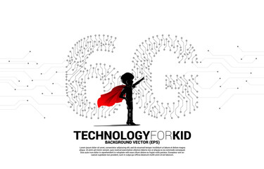 Poster - Silhouette of kid in superhero suit with 6G dot connect line circuit board style mobile phone icon. Concept for children and data transfer of mobile data network.