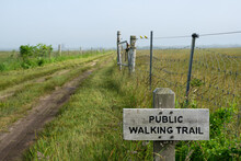 Sign Marking Walkway At The Start Of A Two Tire Track Road Cutting Through A Farm, On Martha's Vineyard