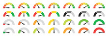 Speedometer, Gauge Meter Icons. Vector Scale, Level Of Performance. Speed Dial Indicator . Green And Red, Low And High Barometers, Dashboard With Arrows. Infographic Of Risk, Gauge, Score Progress