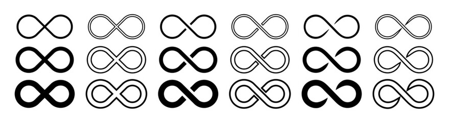 Vector icons, symbols of loop and infinity. Logo, line abstract sign of endless, infinite, limitless and eternity. Graphic mobius, cycle of forever shapes set. Round geometrical eternal eight design