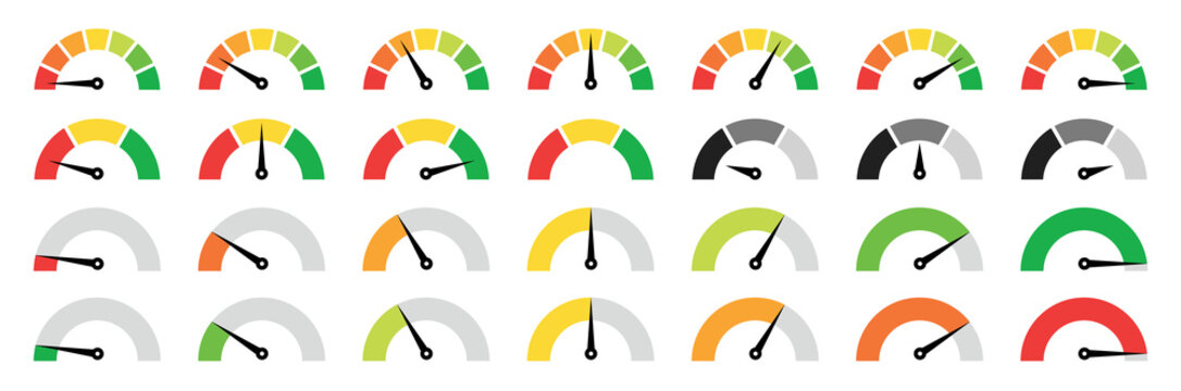 speedometer, gauge meter icons. vector scale, level of performance. speed dial indicator . green and