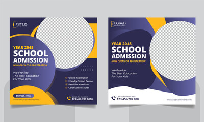 School admission social media post banner, educational social media post square flyer back to school web banner design template.